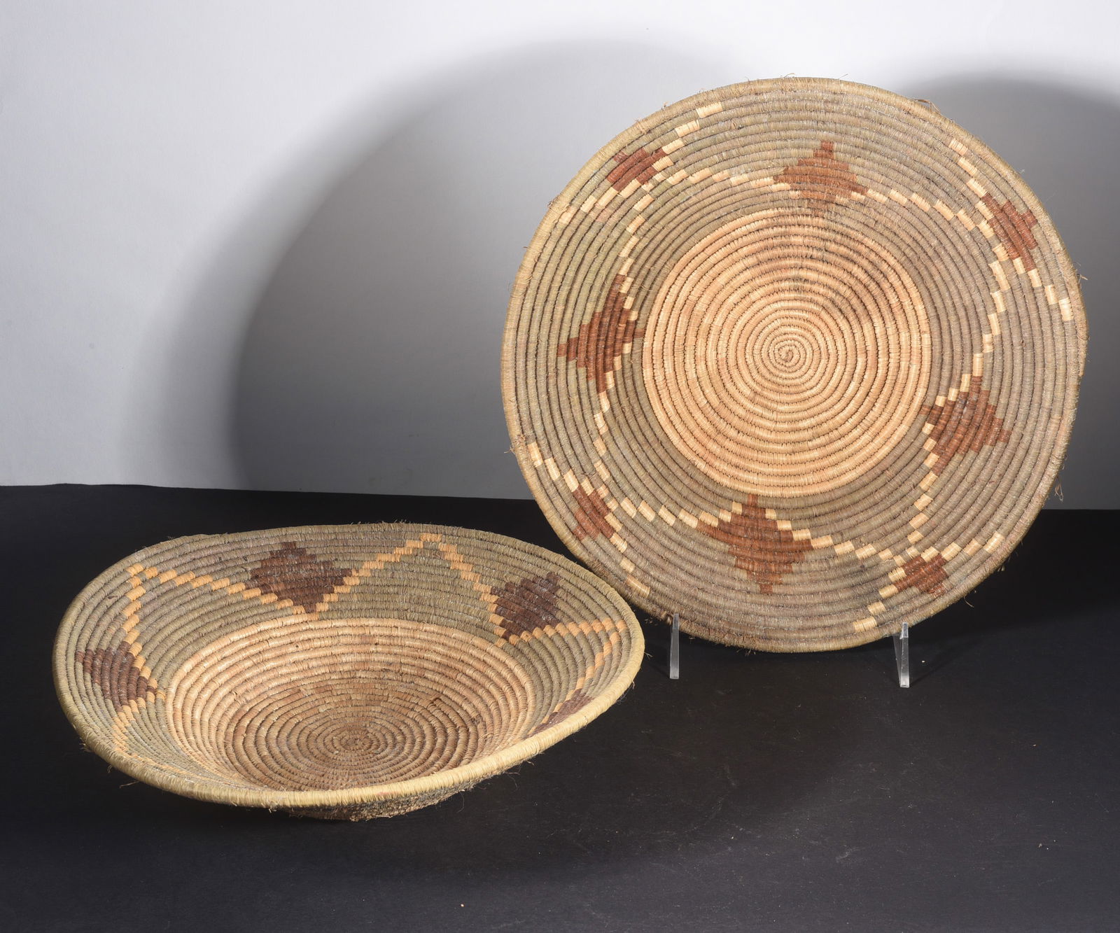 Native American Coiled Baskets: sizes are found under condition tab and are for shipping purposes. all sizes are approximate for shipping purposes. all items are from a single owner estate collection. Please see photos for details o