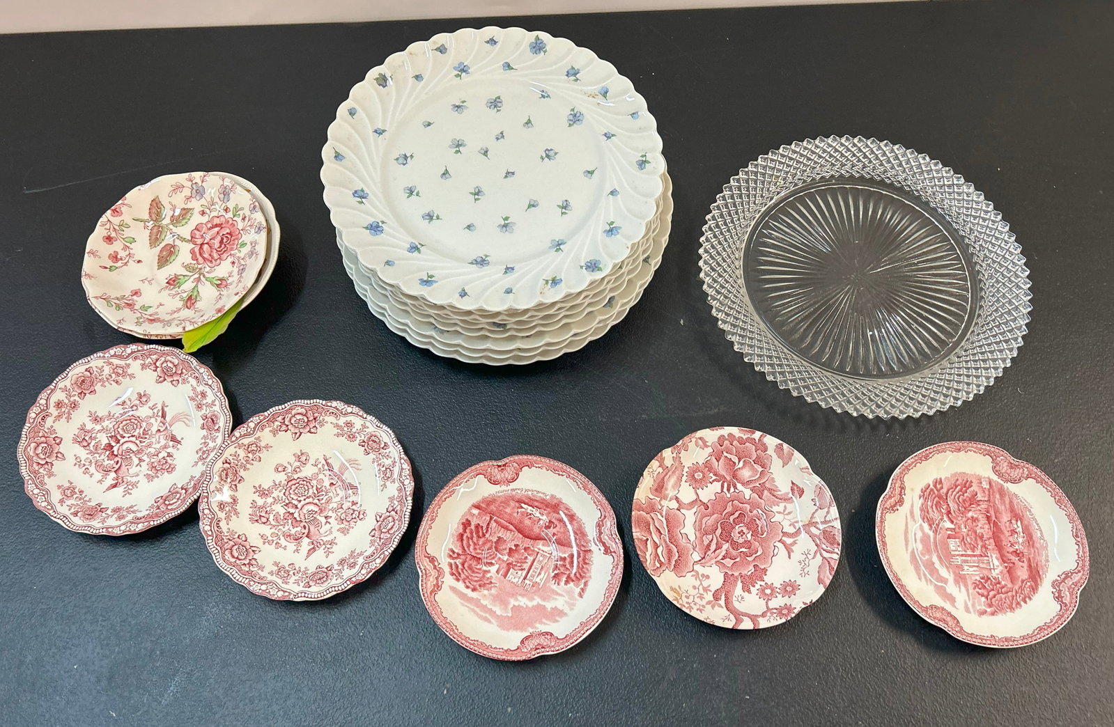 Transferware Plates and other dishes: sizes are found under condition tab and are for shipping purposes. all sizes are approximate for shipping purposes. all items are from a single owner estate collection. Please see photos for details o
