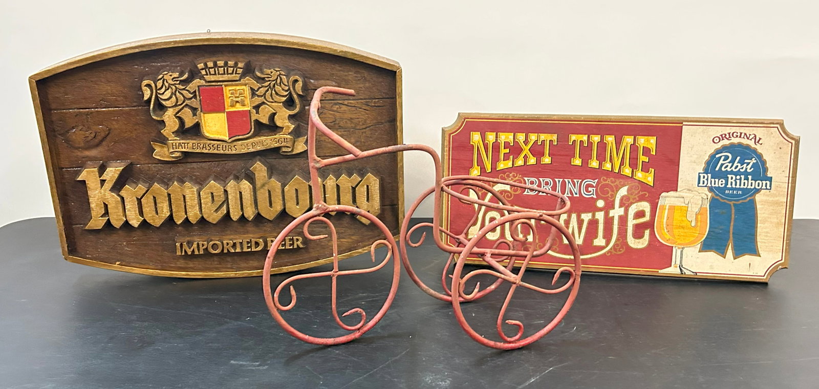 Vintage Signs and planter: sizes are found under condition tab and are for shipping purposes. all sizes are approximate for shipping purposes. all items are from a single owner estate collection. Please see photos for details o
