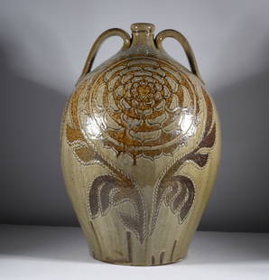 Matt Jones Slip Decorated Double Handled Jug: edgefield style decoration on this fantastic double handled jug by Matt Jones. Stamped on bottom dated 2014