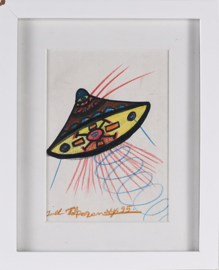 Ionel Talpazan Drawing on Paper: crayon and other on paper. Signed. Dated 1995. framed. Talpazan was known for his art depicting UFOs. He had a childhood experience in Romania where he believed he encountered a UFO.