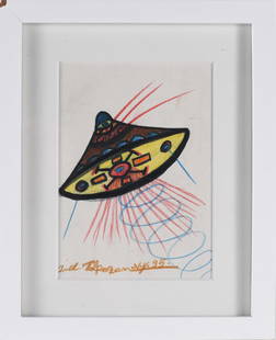 Ionel Talpazan Drawing on Paper: crayon and other on paper. Signed. Dated 1995. framed. Talpazan was known for his art depicting UFOs. He had a childhood experience in Romania where he believed he encountered a UFO.
