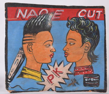 African American Barber Painted Trade Sign: paint on wood board. Ca. 1970/80
