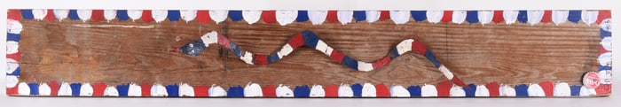 Folk Art Painted Tin Snake Mounted To Board