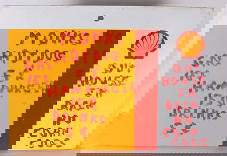 Shell Sign with Painted Menu: Shell signed metal, turned into a hotdog menu board. They don’t sell corn dogs!