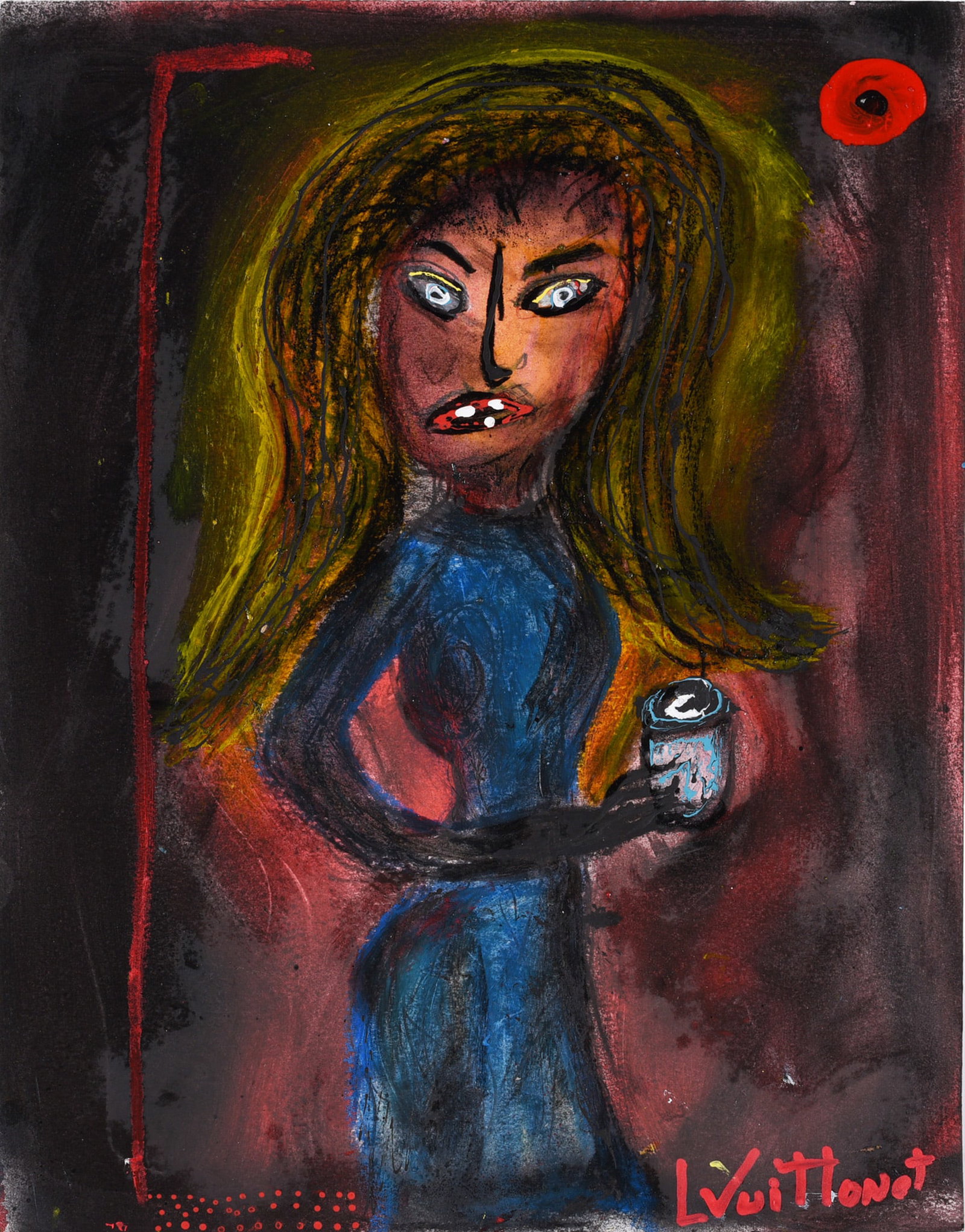 Louise Vuittonet Folk painting: paint on heavy artist paper, signed.