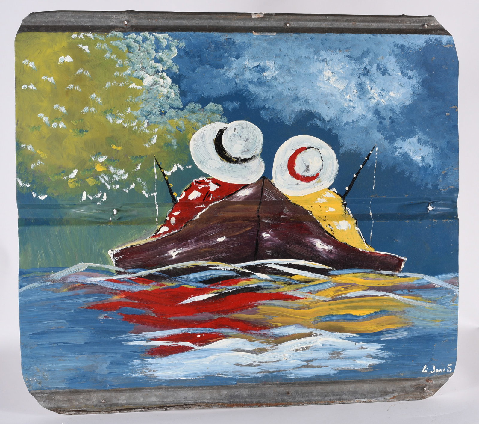 Leonard Jones Folk Painting on Roof tin: paint on roof tin by African American folk painter Leonard Jones.