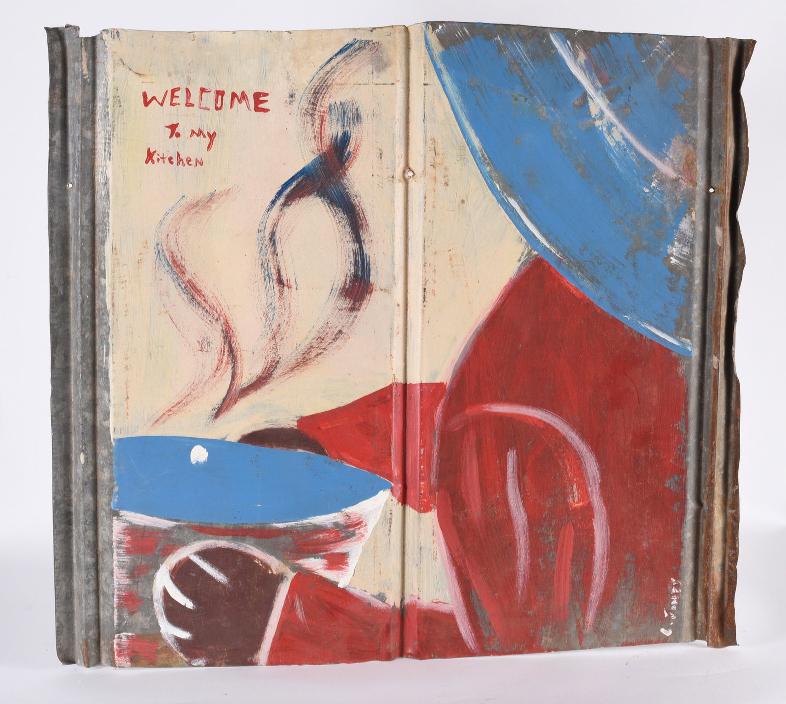 Leonard Jones Folk Painting on Roof tin: paint on roof tin by African American folk painter Leonard Jones.
