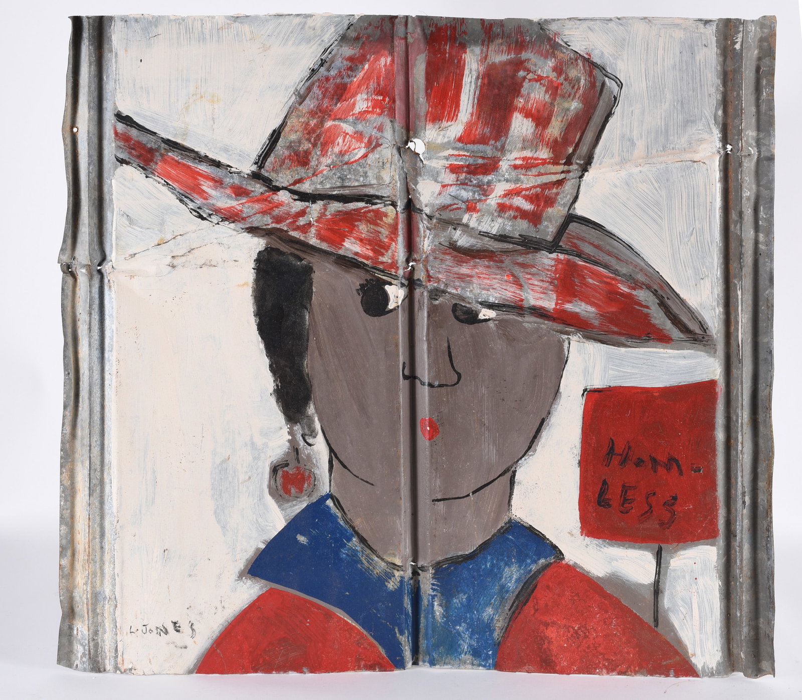 Leonard Jones Folk Painting on Roof tin: paint on roof tin by African American folk painter Leonard Jones.
