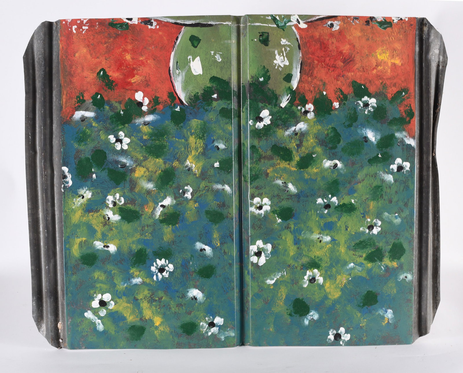 Leonard Jones Folk Painting on Roof tin: paint on roof tin by African American folk painter Leonard Jones.
