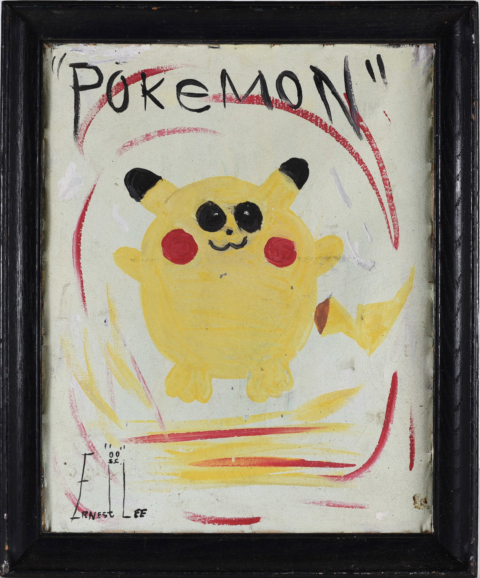 Ernest Lee Folk Art Pokemon Painting: a rare painting by "The Chicken Man", paint on canvas. Signed.
