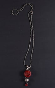 Asian 925 Silver Cross Top Cinnabar Pendant