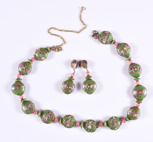 Vintage Murano Italian Art Wedding Cake Glass Necklace and Earings