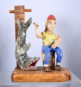 Stacy Lambert Pottery Figural Shark Fisherman