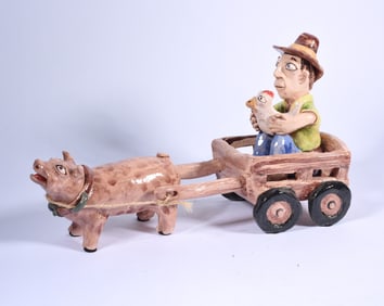Stacy Lambert Pig Pulling a Cart Figural