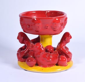 Stacy Lambert Pottery Cup with Men and Chickens