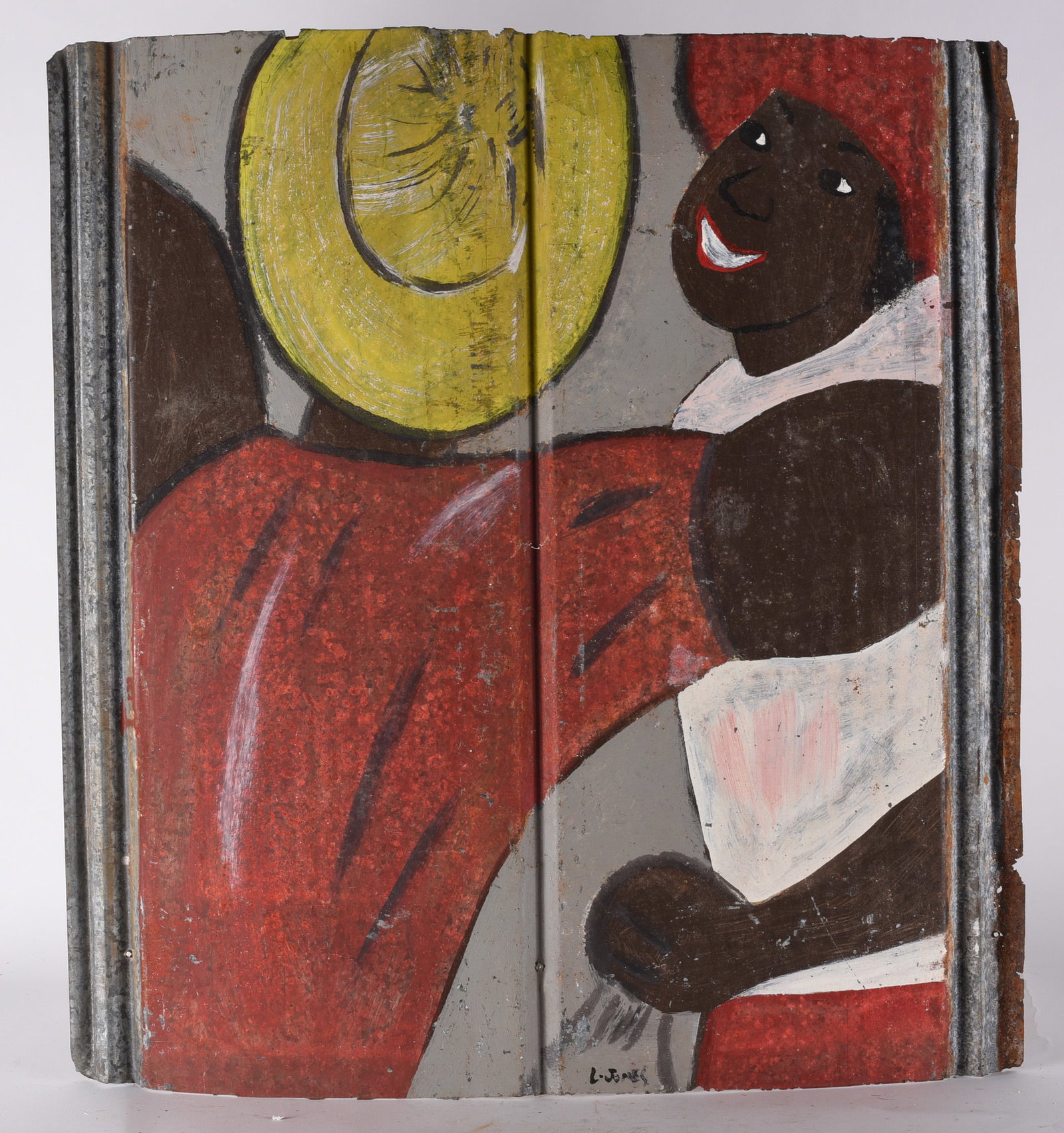 Leonard Jones Folk Art Painting on Tin: folk painting on tin by African American artist Leonard Jones. Signed.