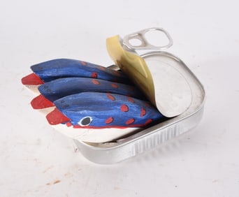 Carved Wooden Fish and Tuna Can