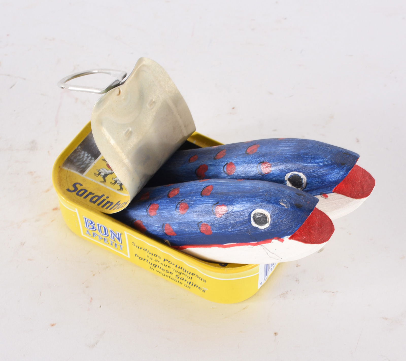 Carved Wooden Fish and Tuna Can: carved wooden fish and tuna can. Signed on bottom.