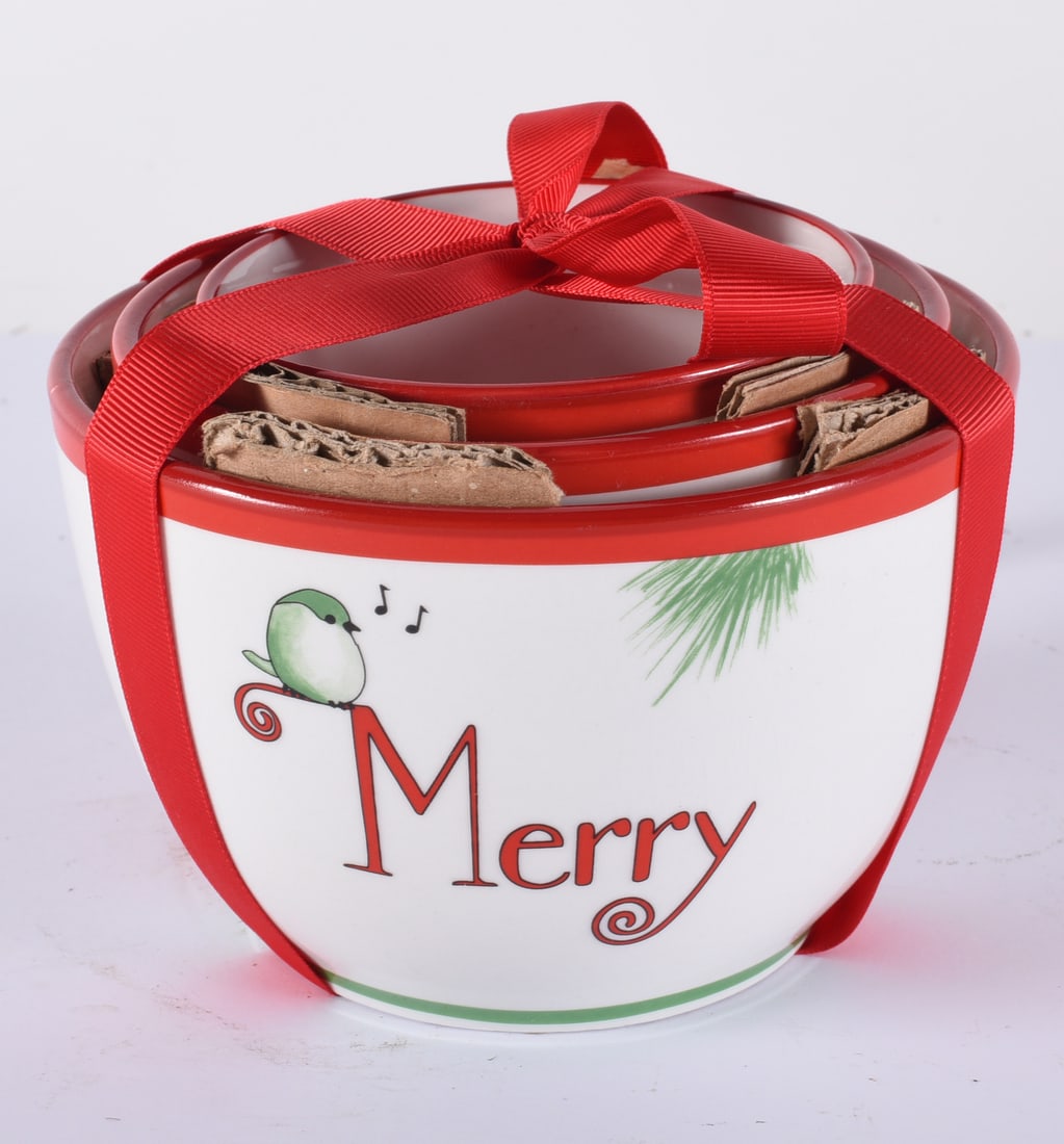Merry Christmas Stacking Bowls (contemporary): READ IN FULL! These items are all from an attic that we cleaned out. These are sold as is where is. See pictures for details. If we in house pack and ship for you it takes 4 weeks or so DO NOT ASK WHE