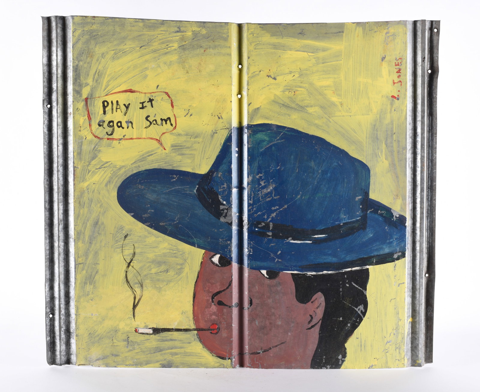 Leonard Jones Folk Art Painting: paint on roof tin. African American, GA.