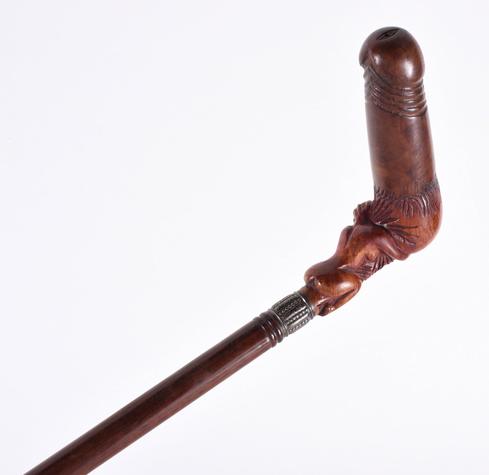 Carved Nude Gentlemans Walking stck: carved nude cane, with a silver tab under handle.
