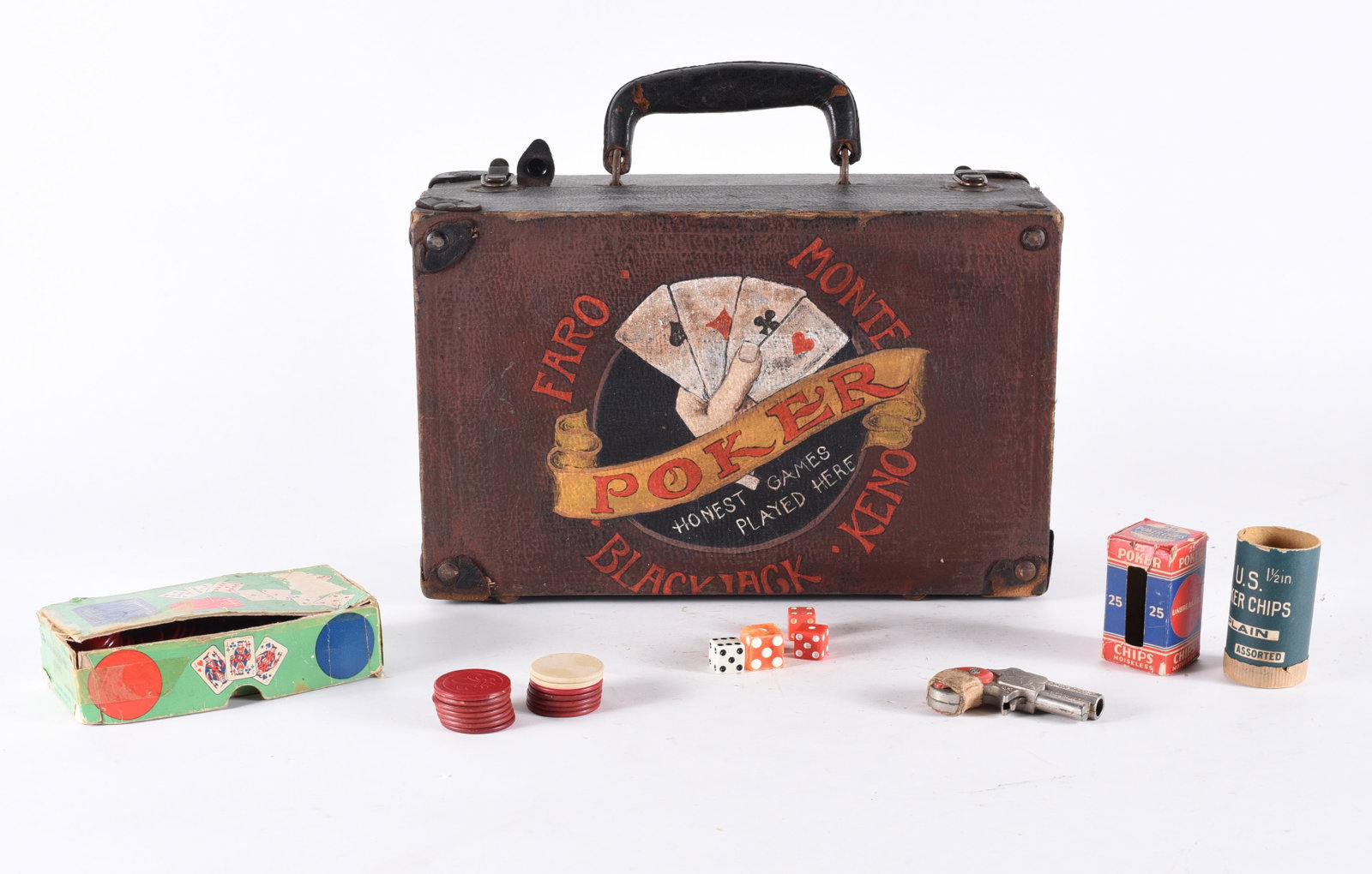 The Gambler 1930s Painted Suitcase: folk art decorated painted suitcase.