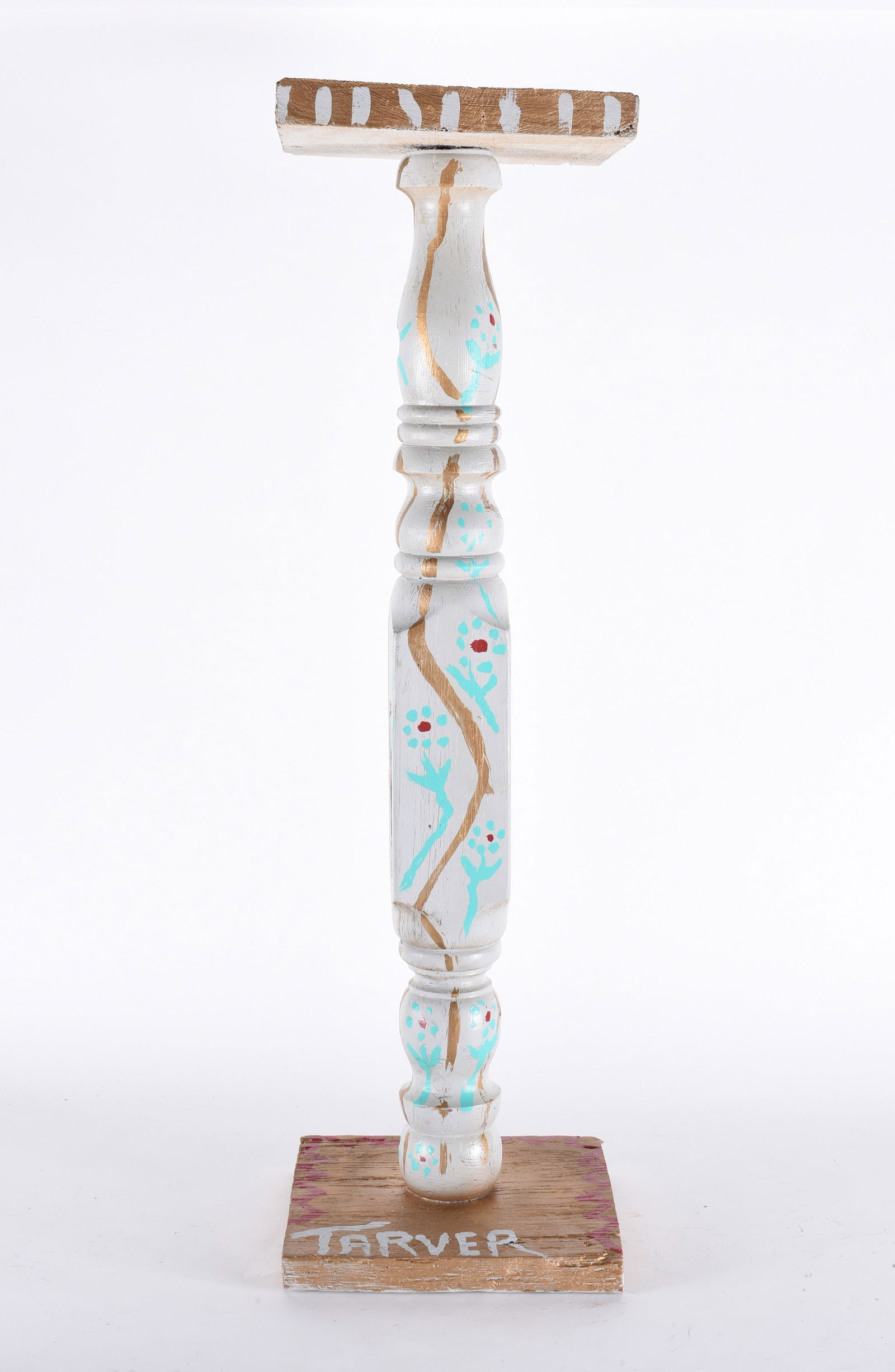 Willie Tarver Folk Art Pedestal: folk made pedestal made from wood and painted. Willie Tarver (1932 - 2010) Wadley, GA. Willie Tarver was the son of a share-cropper. He created 100s of pieces of art into the 1000s. He began his work