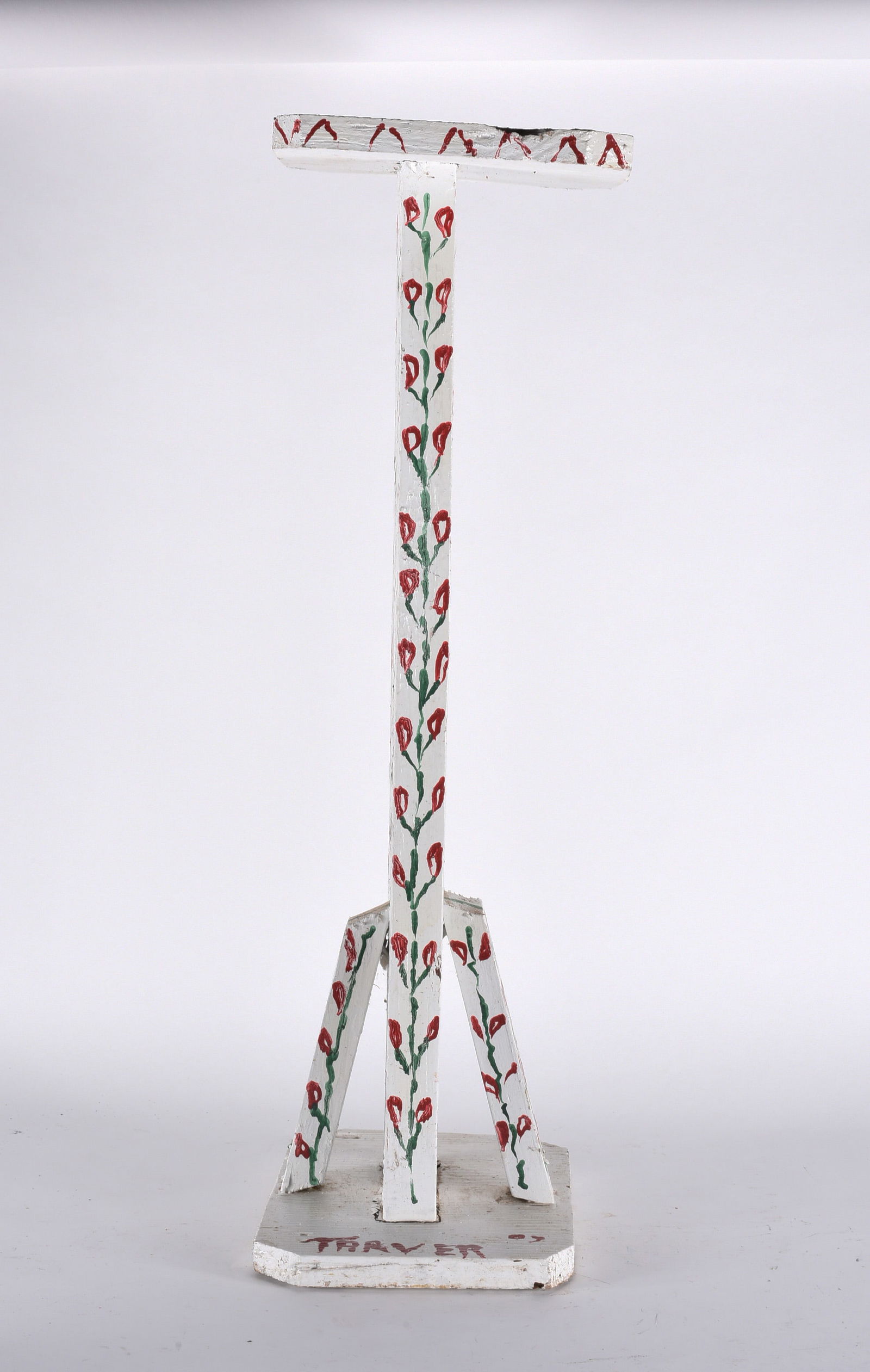 Willie Tarver Folk Art Pedestal: folk made pedestal made from wood and painted. Willie Tarver (1932 - 2010) Wadley, GA. Willie Tarver was the son of a share-cropper. He created 100s of pieces of art into the 1000s. He began his work