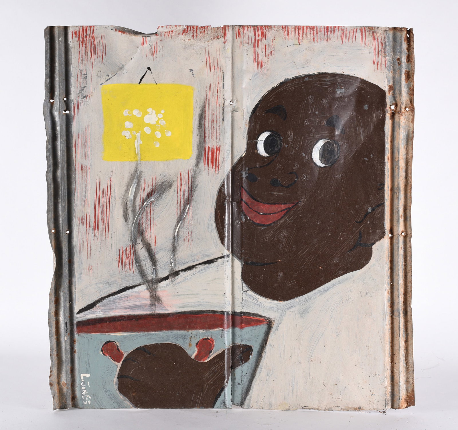 Leanord Jones Folk Painting on Tin: folk painting by Leonard Jones. African American artist living in Georgia.