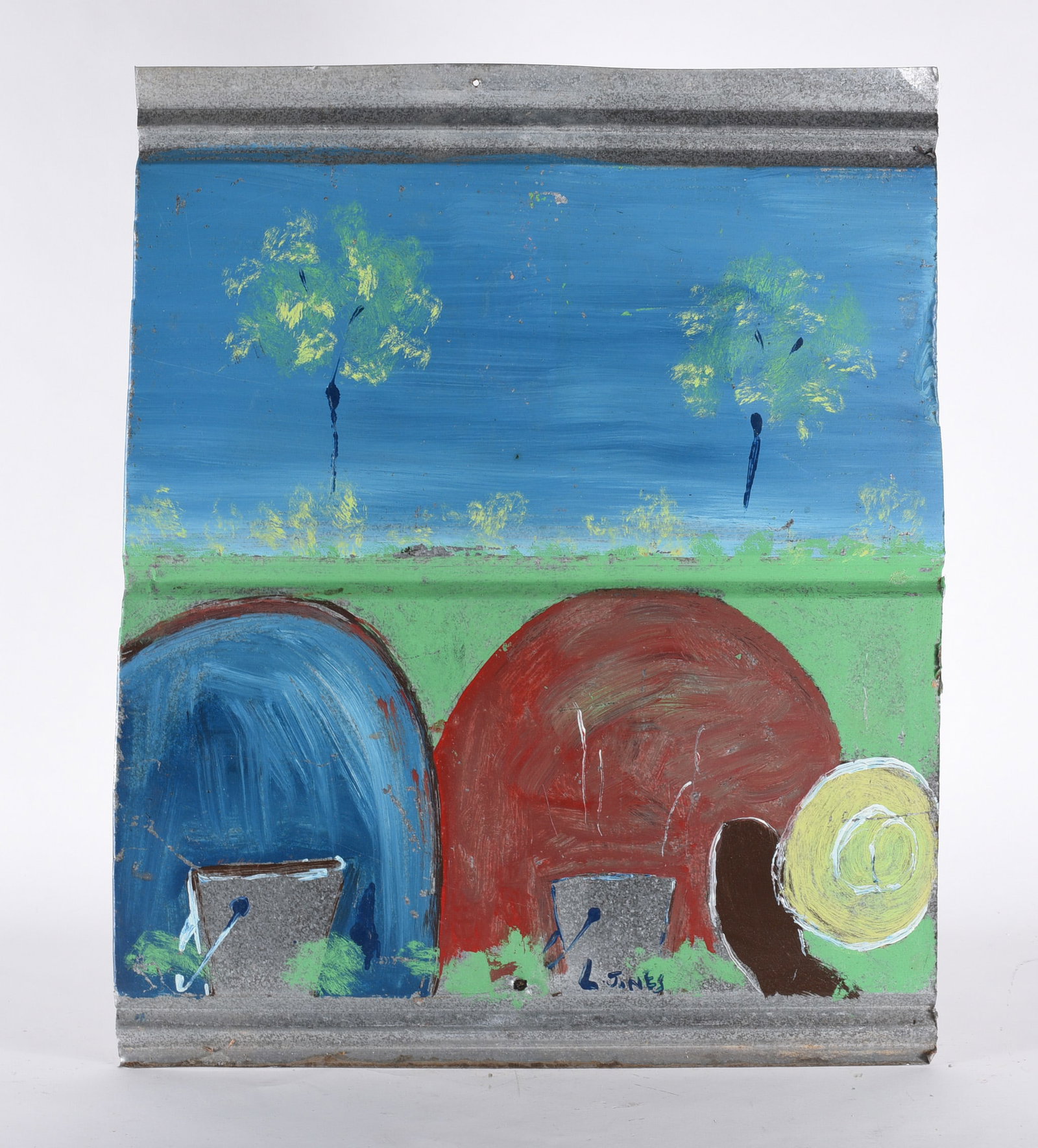 Leanord Jones Folk Painting on Tin: folk painting by Leonard Jones. African American artist living in Georgia.