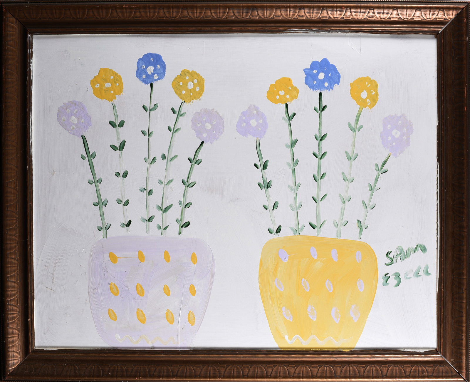 Sam Ezell Folk Art Painting: from the collection of Sam Ezell. These paintings are early paintings before he had his eye stroke that left him partially blind in one eye. Sam has created thousands of works and has now moved to sol