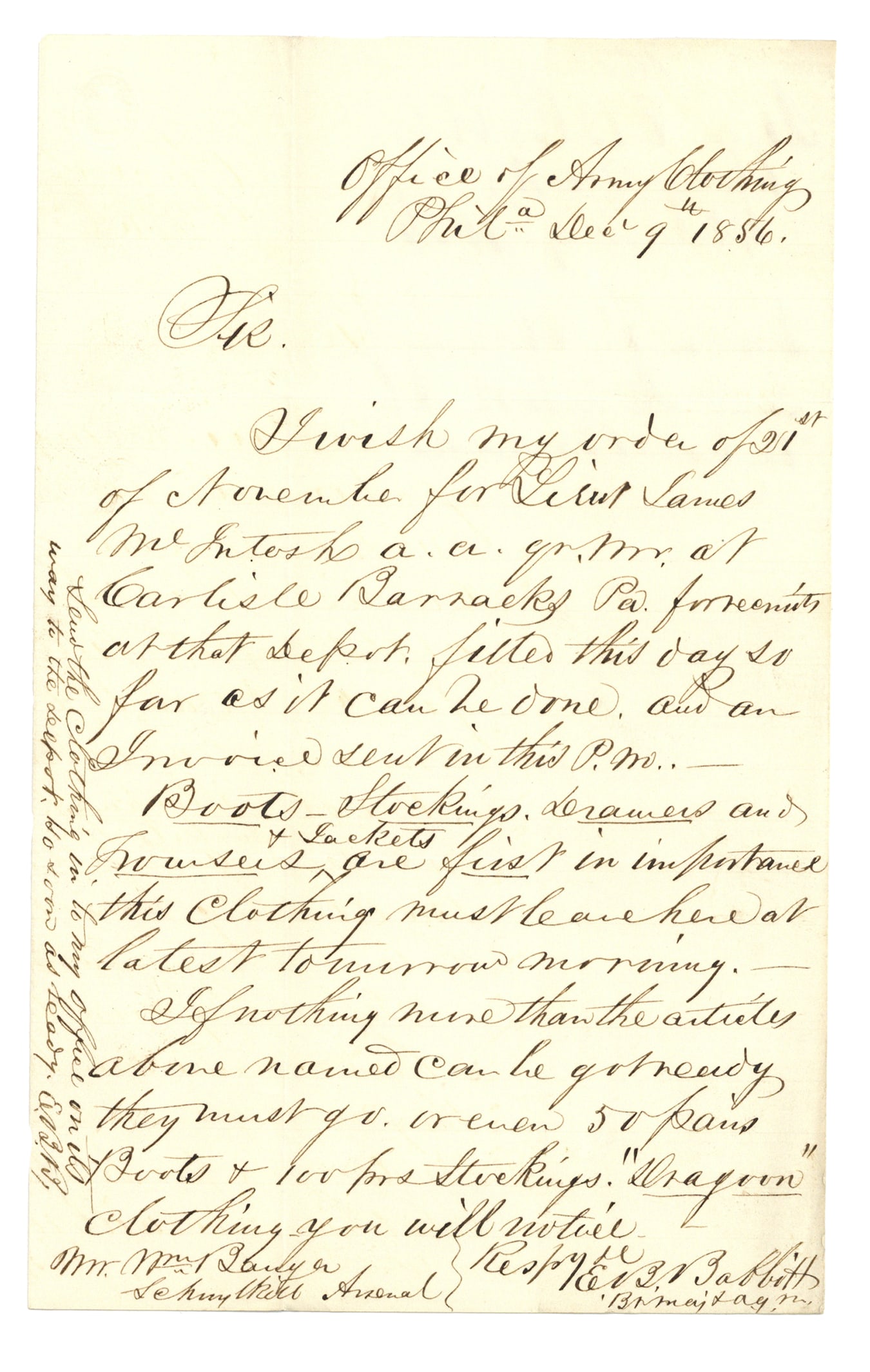 General Babbitt Writes of the Uniform of Future Confederate General McIntosh (1 of 1)