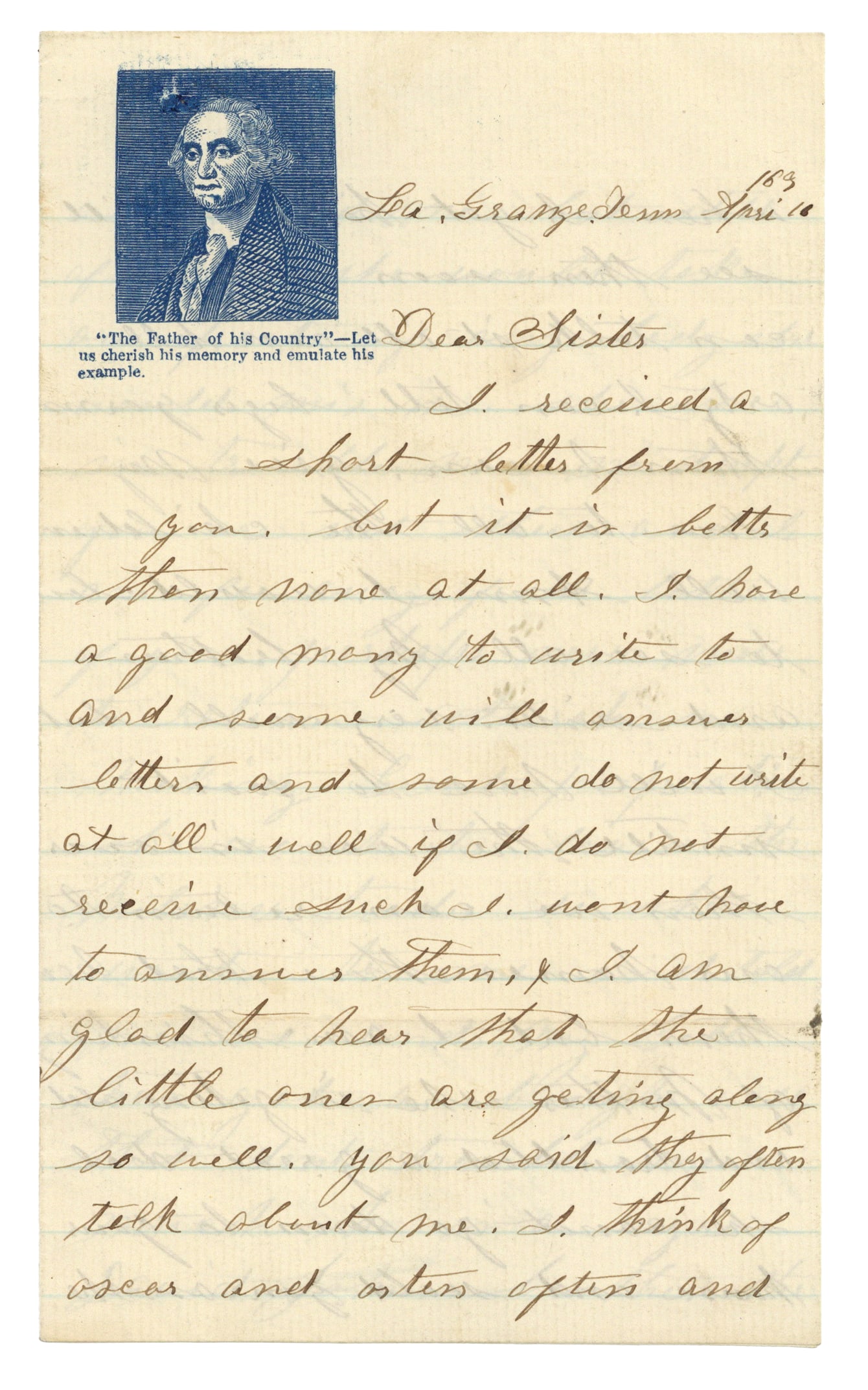 46th Ohio Infantry Civil War Letter - Mulatto Girls: War-date Union officer Autograph Letter Signed by William W, DeMoss, Co. K, 46th Ohio Infantry, 4pp octavo, on nice George Washington lettersheet with motto "The Father of the Country' Let us cherish 