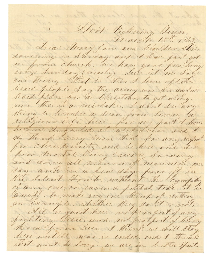 89th Indiana Letter Contraband Slave Town Celebrating Sunday Worship: War-date Union officer Autograph Letter Signed by Nathaniel Prime, 89th Indiana Infantry, with cover addressed to his wife in Indiana, 2pp. Quarto, Fort Pickering, Tennessee, March 15, 1863, it reads 