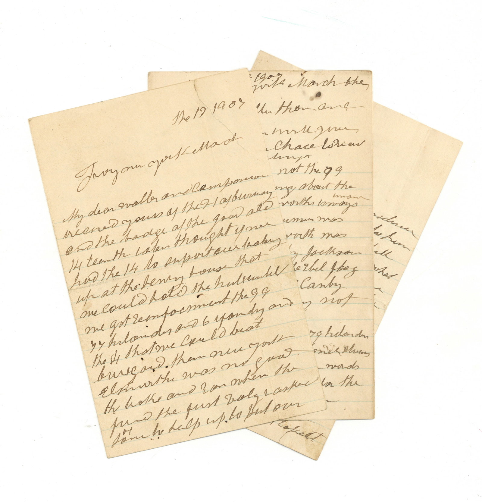 Battle of Bull Run Civil War Veteran Letters: Pair of Union veteran Autograph Letter Signed by Owen McGough, total 12pp. Octavo, Troy, New York, March 13 & 18th, 1907, and reads in part: …Often thought if we had the fourteenth to support our ba