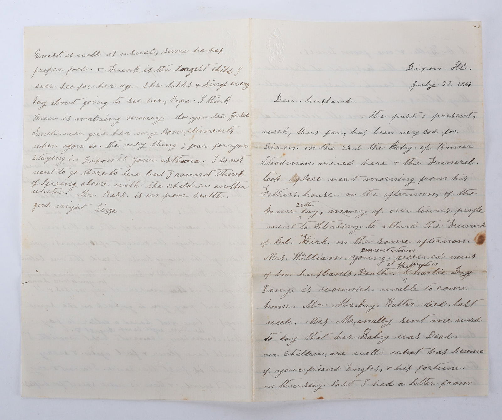 Civil War Letter General Kirk's Funeral and Slave Boy is Kidnapped (1 of 2)