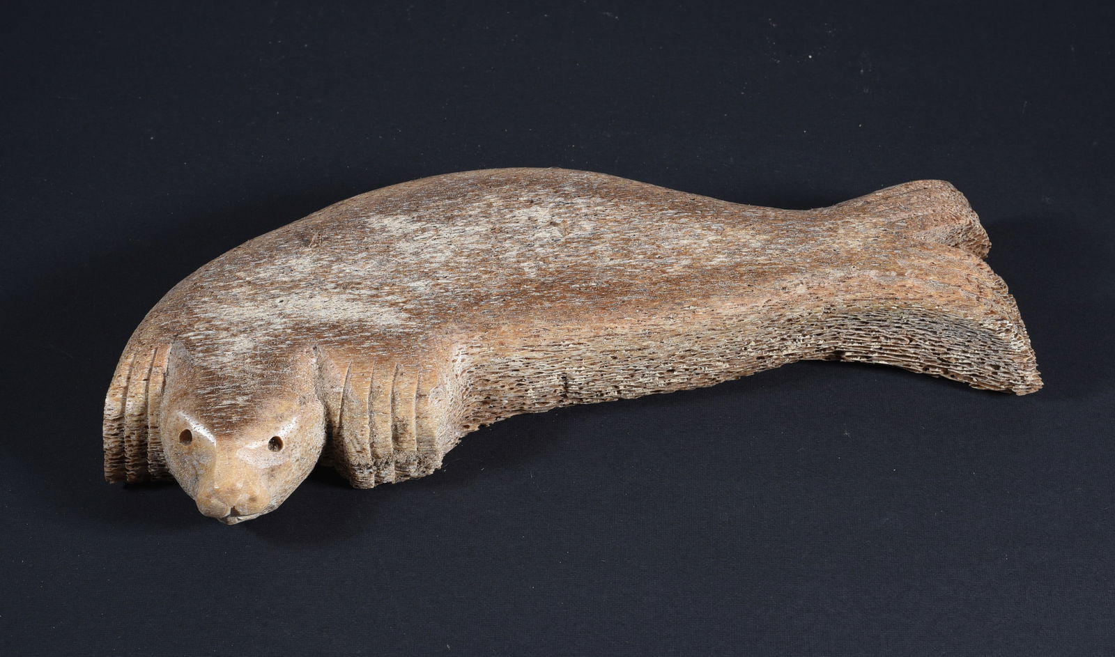 Inuit Carved Whale Bone Seal: These bone carvings were found in an attic trunk wrapped in 1960s newspaper. The collection came straight from the attic to our gallery and we unwrapped and photoed. All of these are small under 7". W