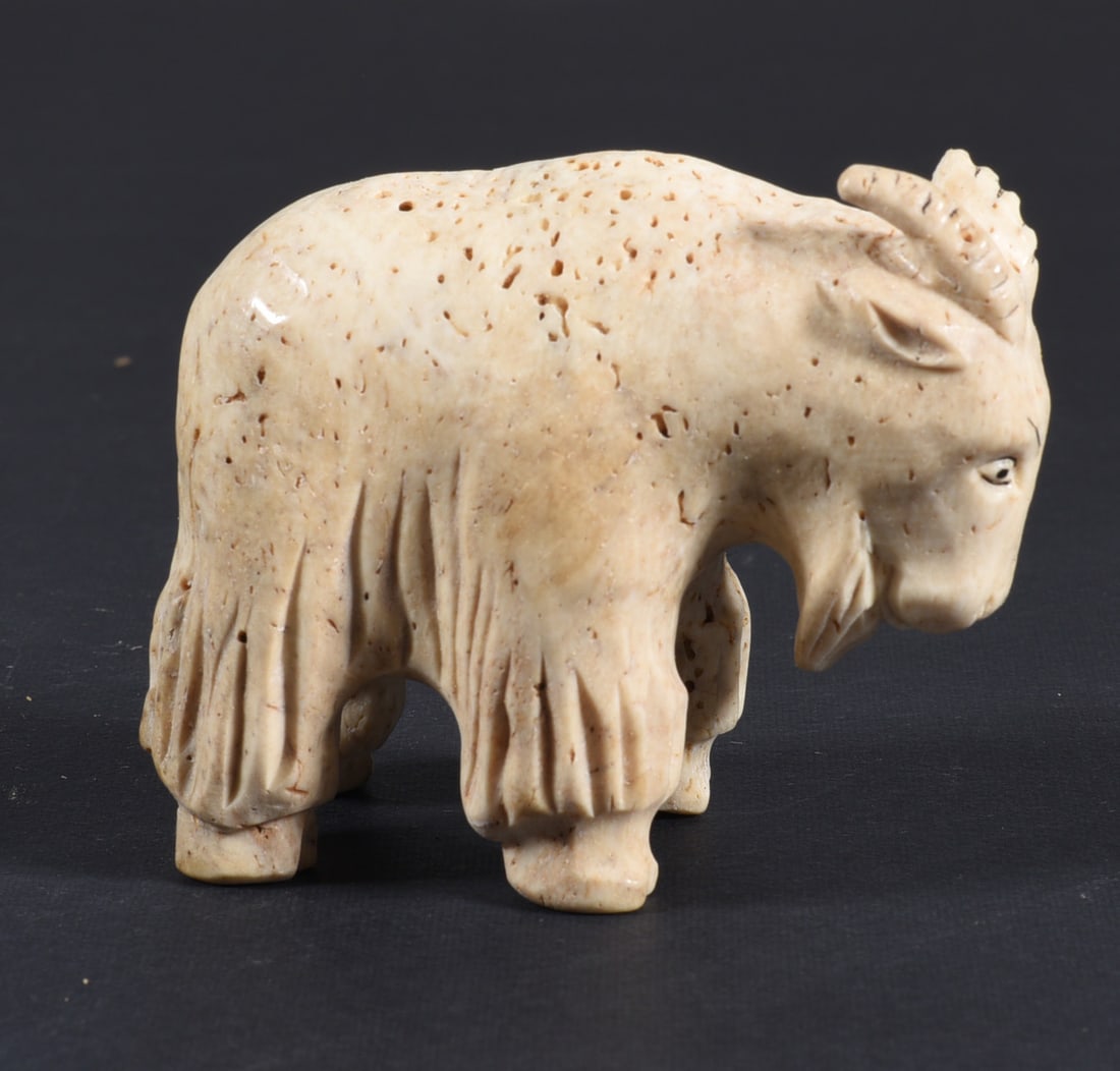 Inuit Carved Whale Bone Mountain Goat: These bone carvings were found in an attic trunk wrapped in 1960s newspaper. The collection came straight from the attic to our gallery and we unwrapped and photoed. All of these are small under 7". W