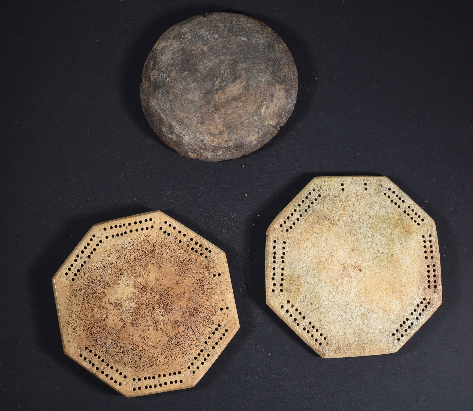 Walrus Bone Collection: These bone carvings were found in an attic trunk wrapped in 1960s newspaper. The collection came straight from the attic to our gallery and we unwrapped and photoed. All of these are small under 7". W