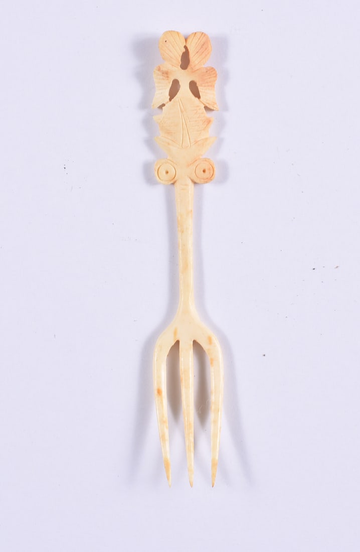 Vintage Bone Carved Fork Small: all items are from an attic trunk. The second trunk taken out of an attic and displayed for auction. All items are small 1" to 3". We can ship items in a 6" box and fit as many as we can for aroun $10