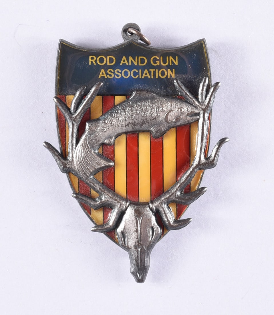 Rod and Gun Association Hunting and Fishing Badge Antique: all items are from an attic trunk. The second trunk taken out of an attic and displayed for auction. All items are small 1" to 3". We can ship items in a 6" box and fit as many as we can for aroun $10