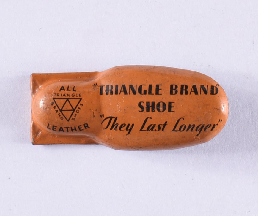 Triangle Brand Shoe Noise Make Tin Litho: all items are from an attic trunk. The second trunk taken out of an attic and displayed for auction. All items are small 1" to 3". We can ship items in a 6" box and fit as many as we can for aroun $10