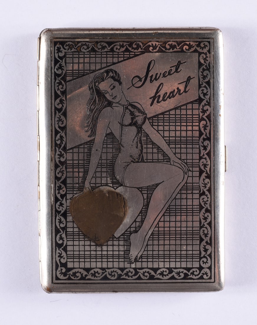 Vintage Nude Cigarette Case: all items are from an attic trunk. The second trunk taken out of an attic and displayed for auction. All items are small 1" to 3". We can ship items in a 6" box and fit as many as we can for aroun $10