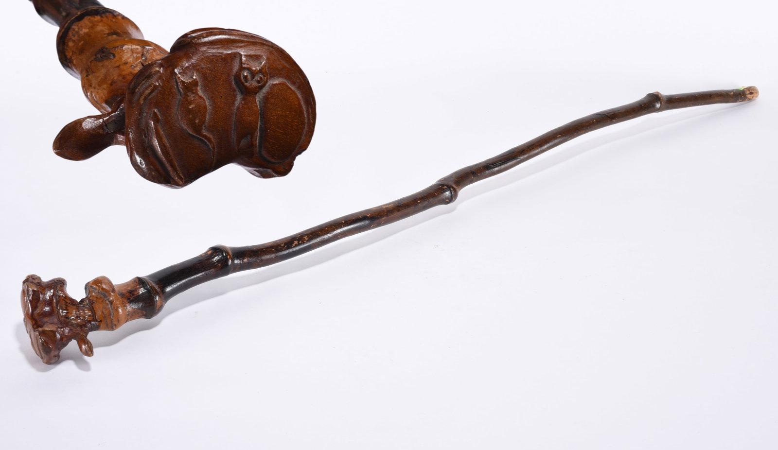 Folk Carved Halloween Cane: carved caane with halloween cats at the top. A snake head popping out. Ca. 1920