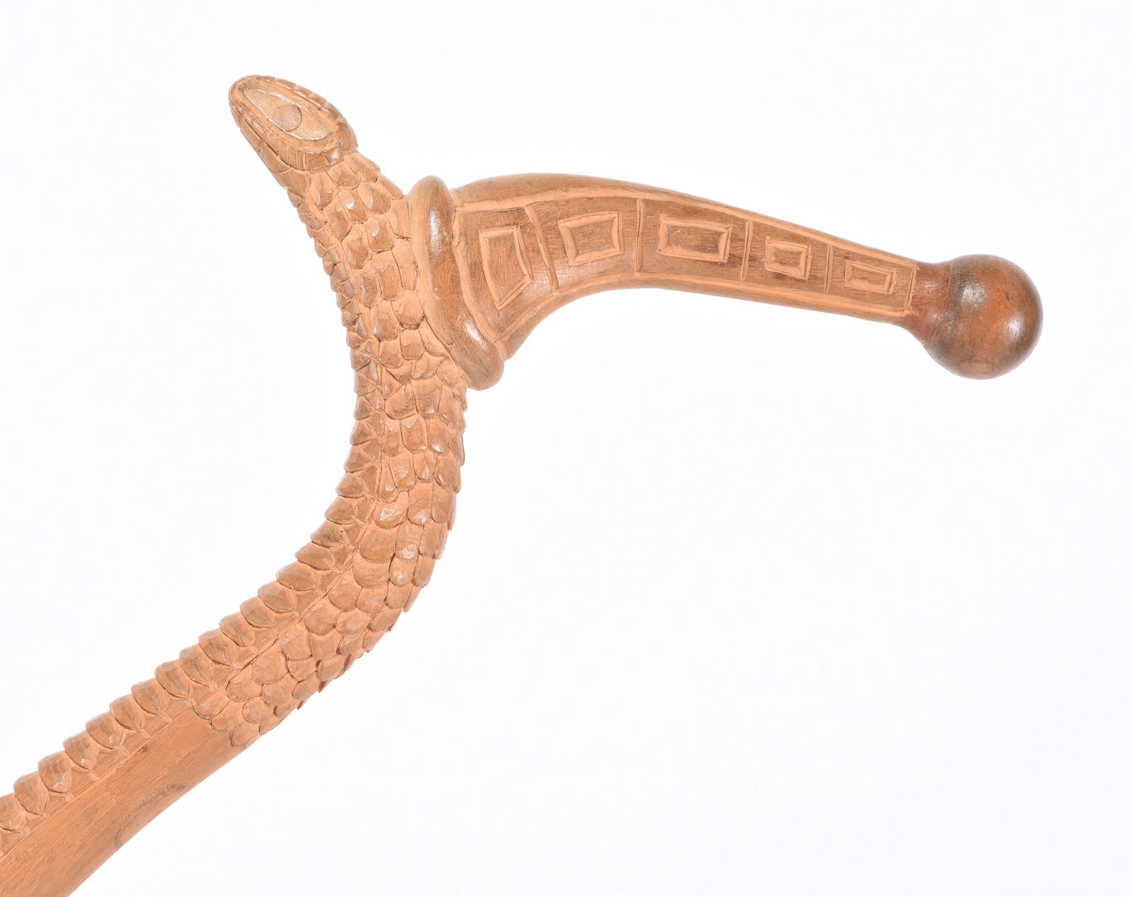 Folk Art Cane Carved Snake Head: folk carved snake head with hat. Ca. 1940