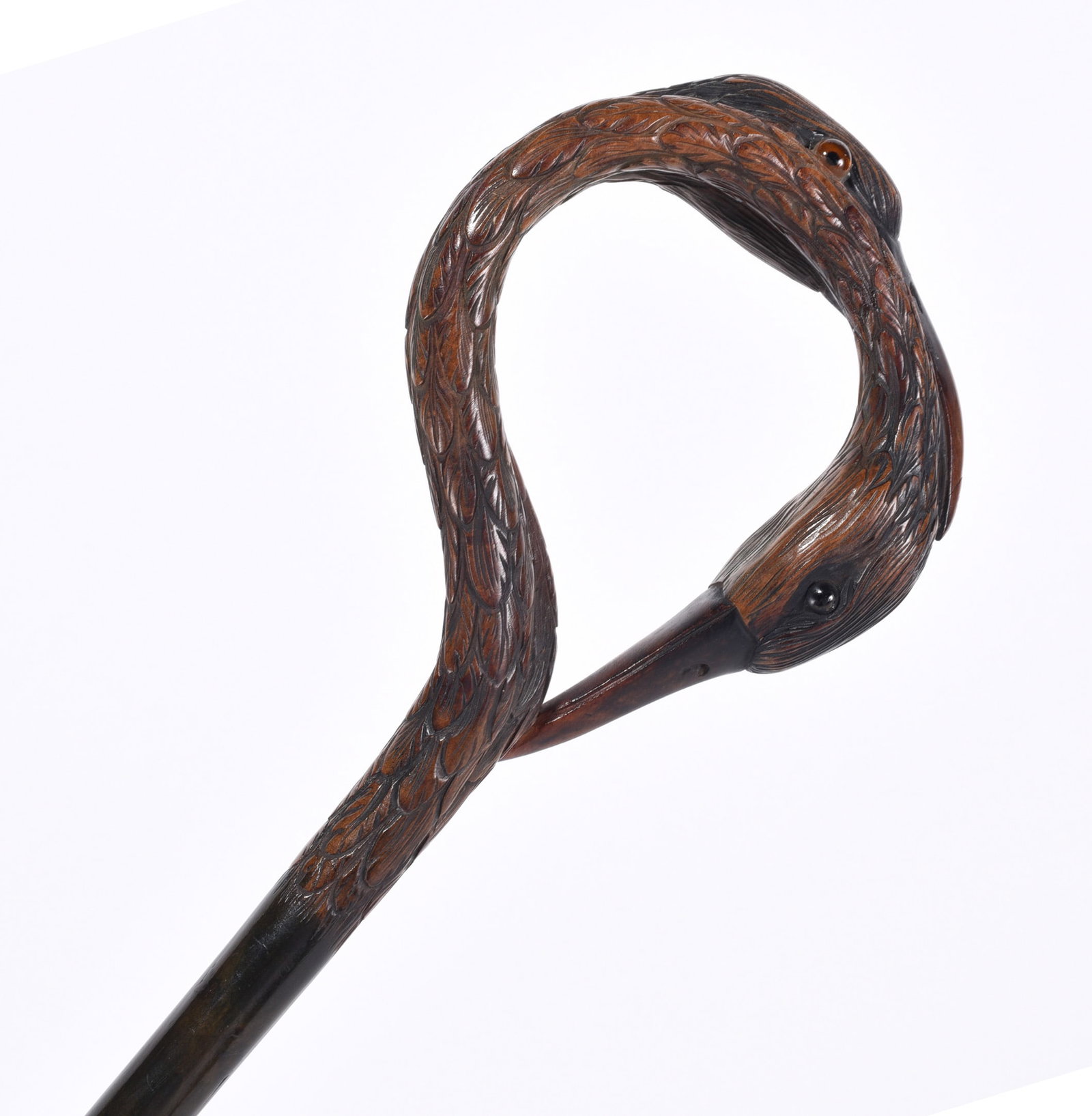 Folk Art Carved Cane Birds with Glass Eyes: nicely carved cane with birds and glass eyes.