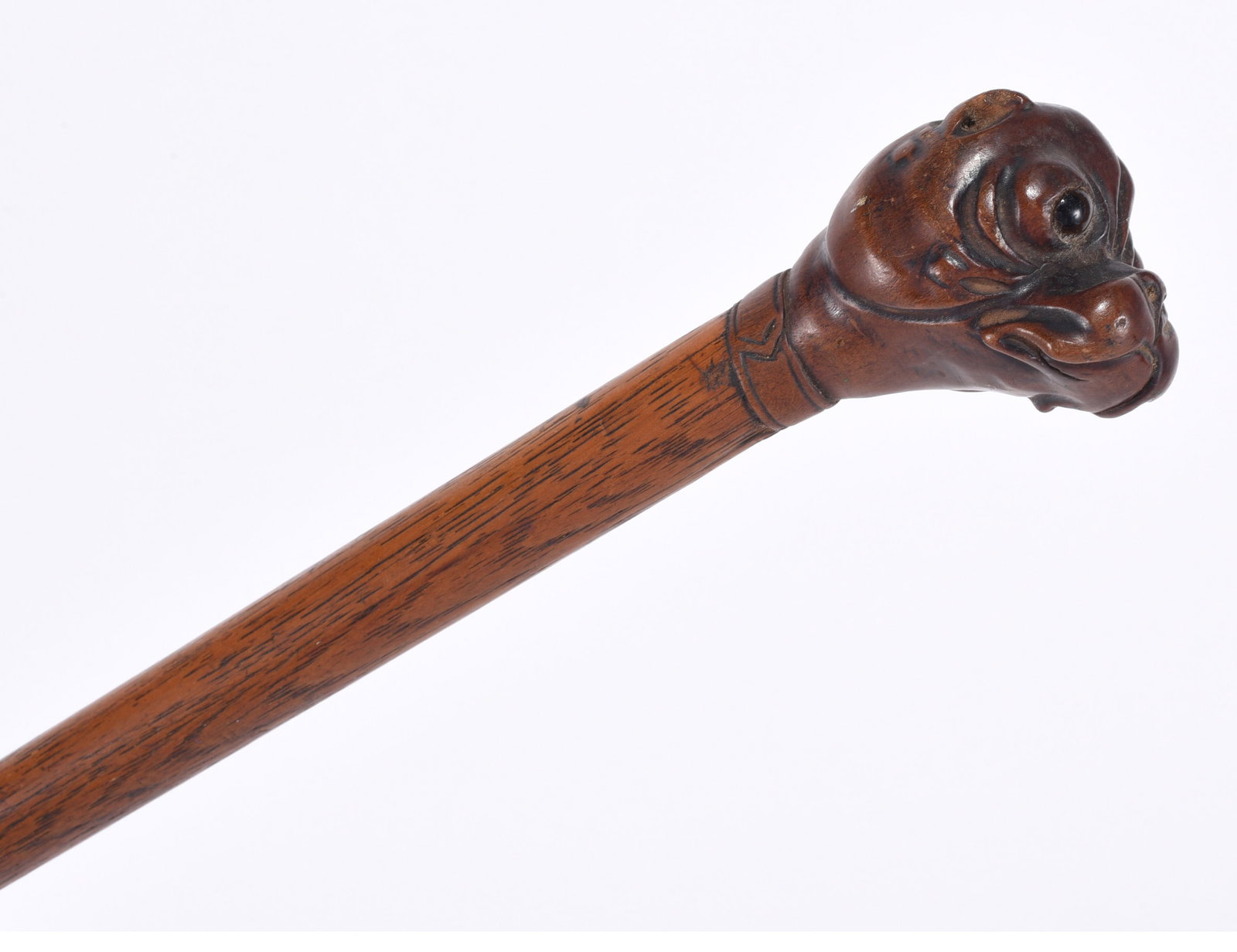 Folk Art Carved Cane Bulldog Glass Eyes: Outstanding carving of bulldog at top with glass eyes. Ca. 1900