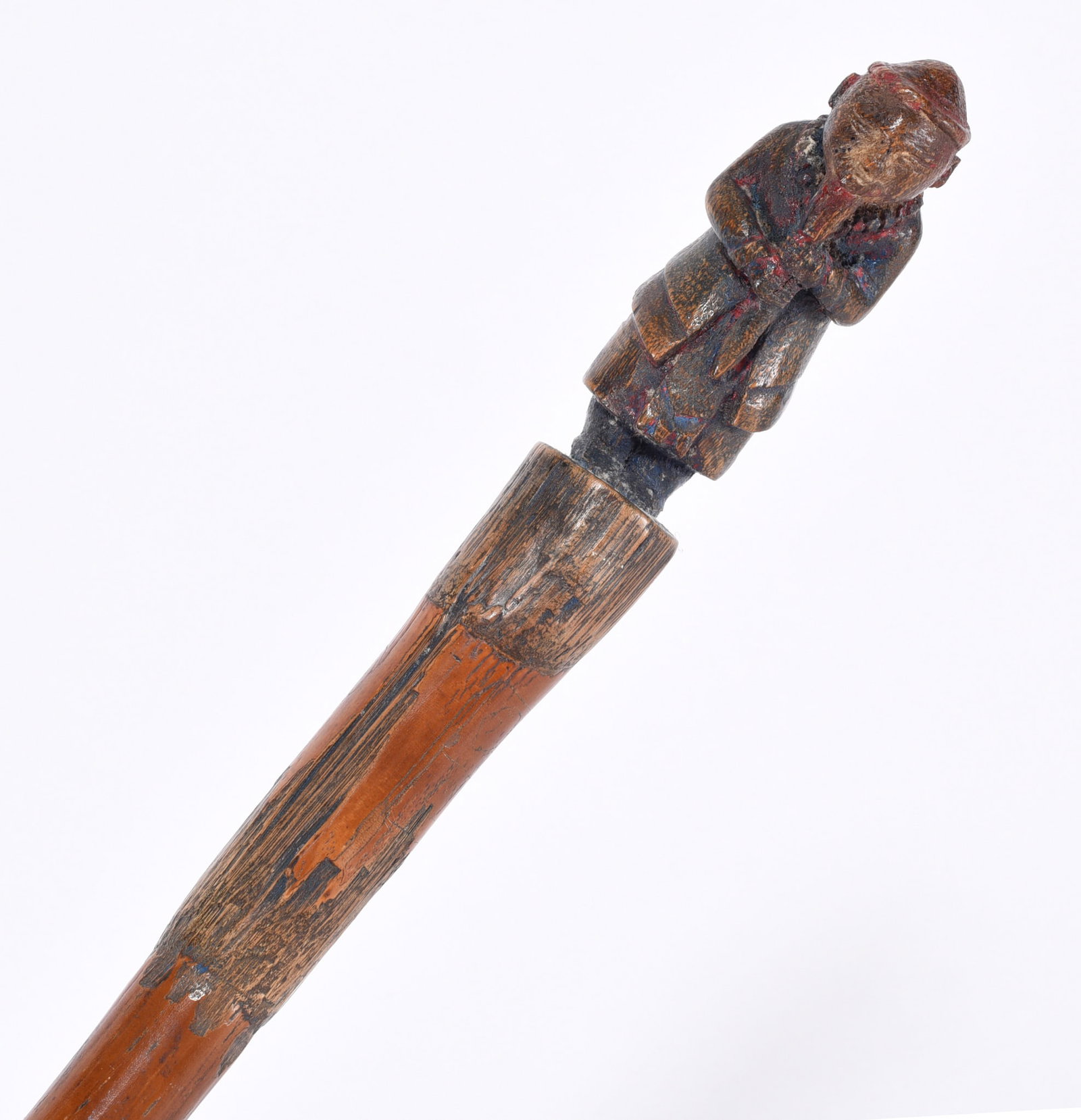 Folk Art Carved Cane Chinese Man Painted: Chinese carved man holding his beard. Ca. 1900