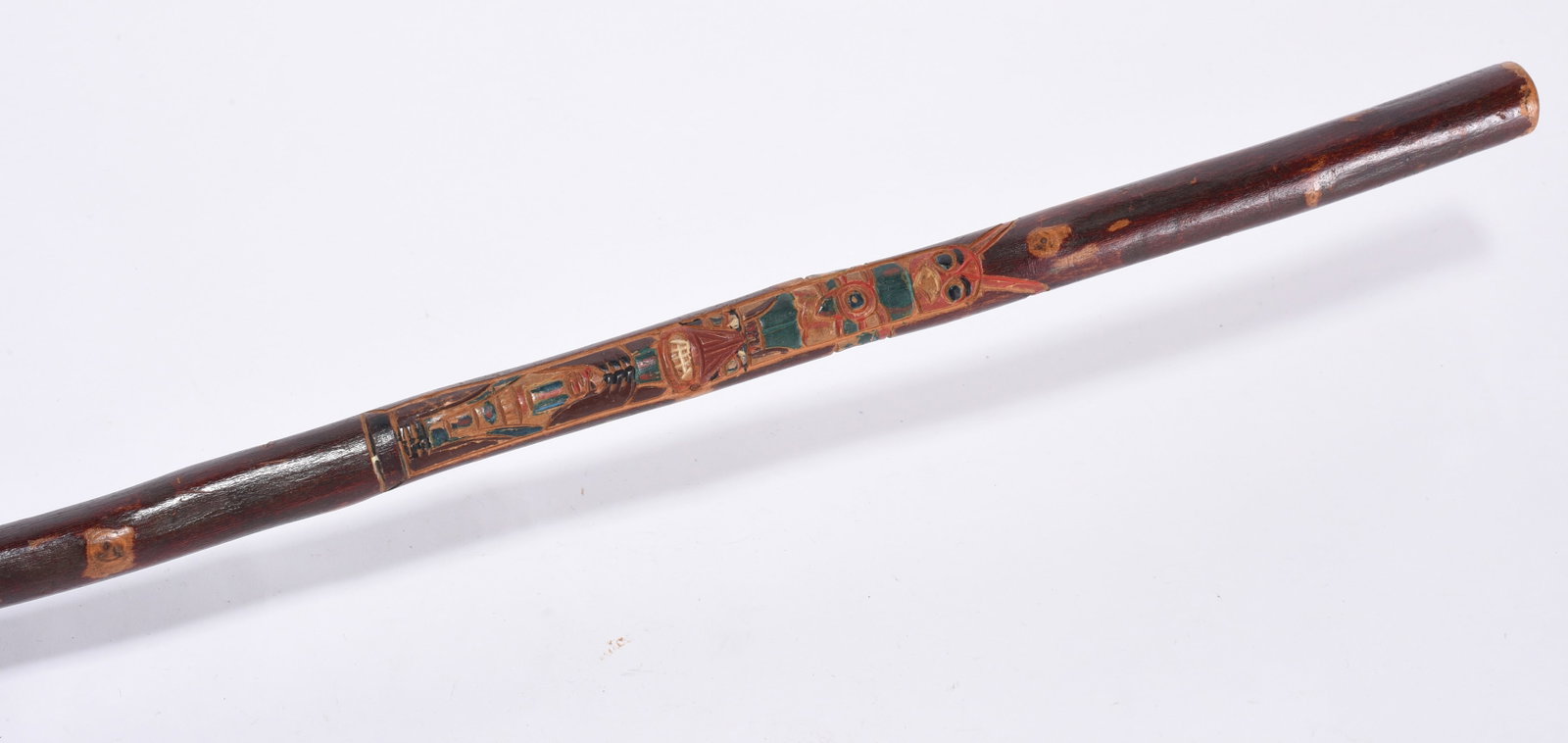 Northwest Indian Folk Art Carved Cane: A Northwestern Totem pole carved into the cane and painted Ca. 1940